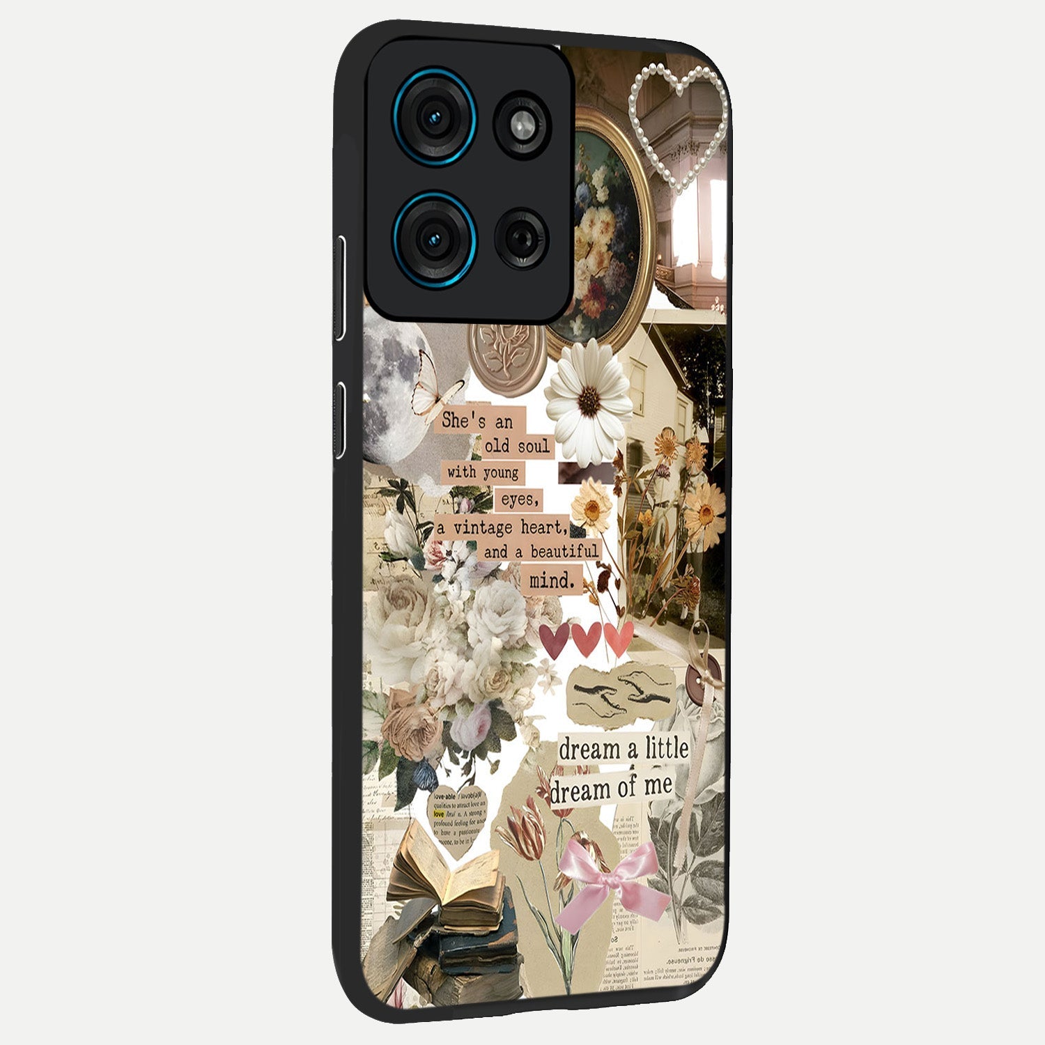 Aesthetic Brown Vintage Collage Glass Case upright view showcasing nostalgic retro artwork with stylish vintage theme.