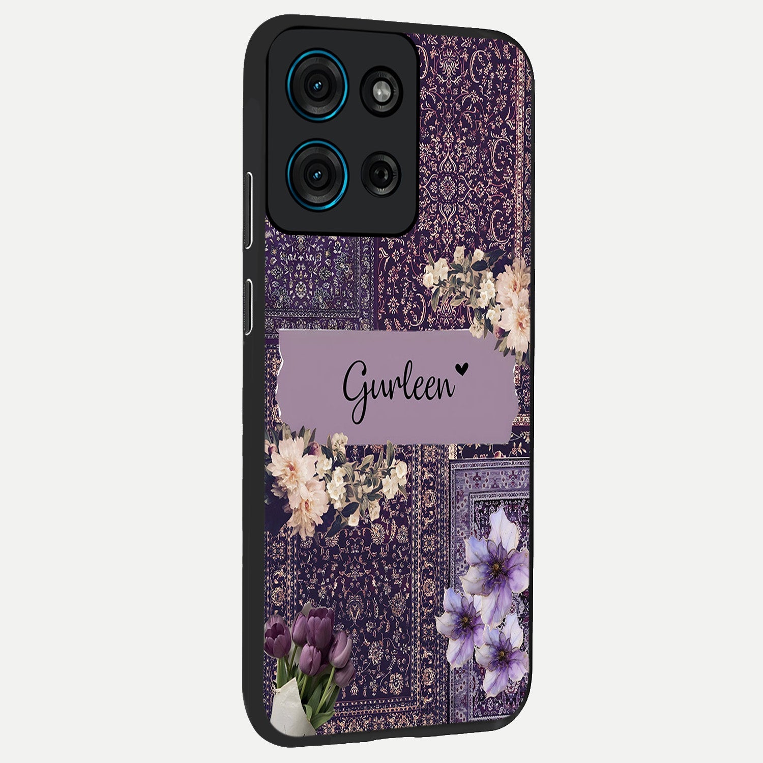 Antique Floral Whisper Custom Name Glass Case upright view showcasing delicate floral artwork with custom name feature.