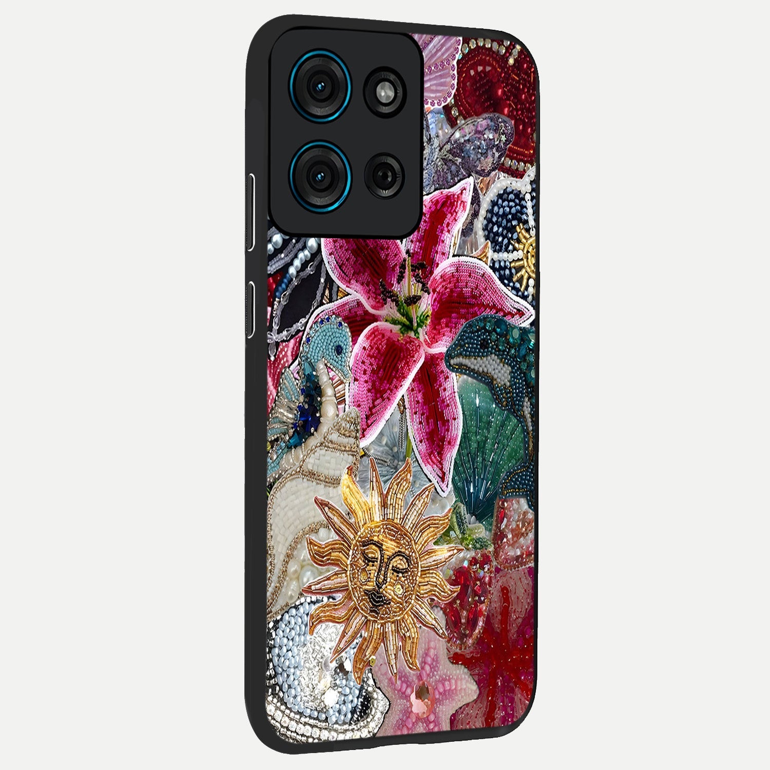 Beaded Garden Fantasy Glass Case upright view showcasing whimsical garden aesthetic with artistic bead details.