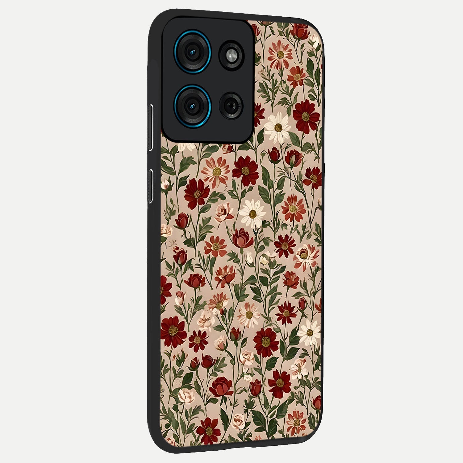 Biege Flower With Leaf Glass Case upright view showcasing delicate beige flower illustration with clean botanical style.
