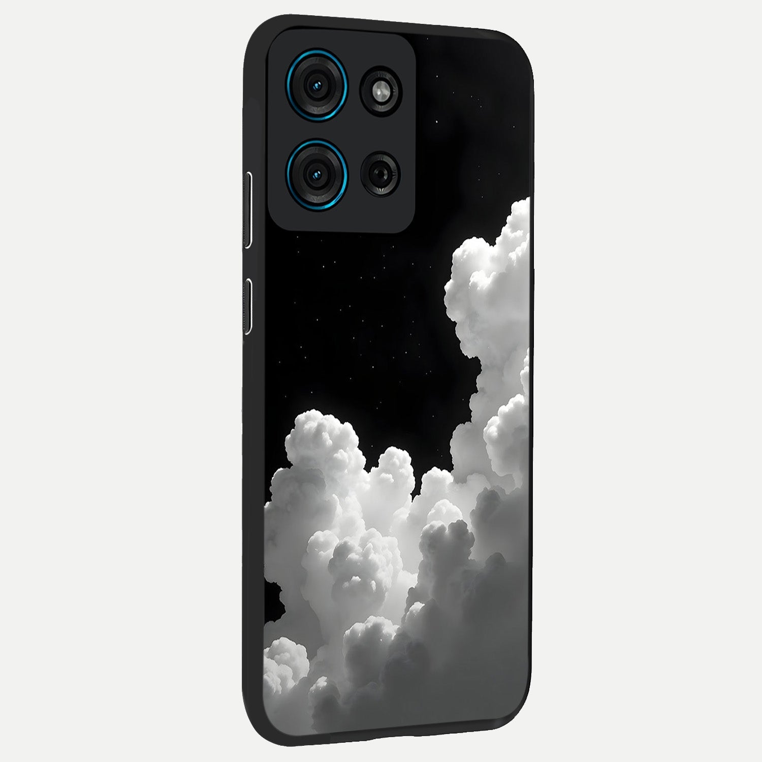 Black Background With White Cloud Glass Case upright view showcasing calm cloud aesthetic with modern minimal style.