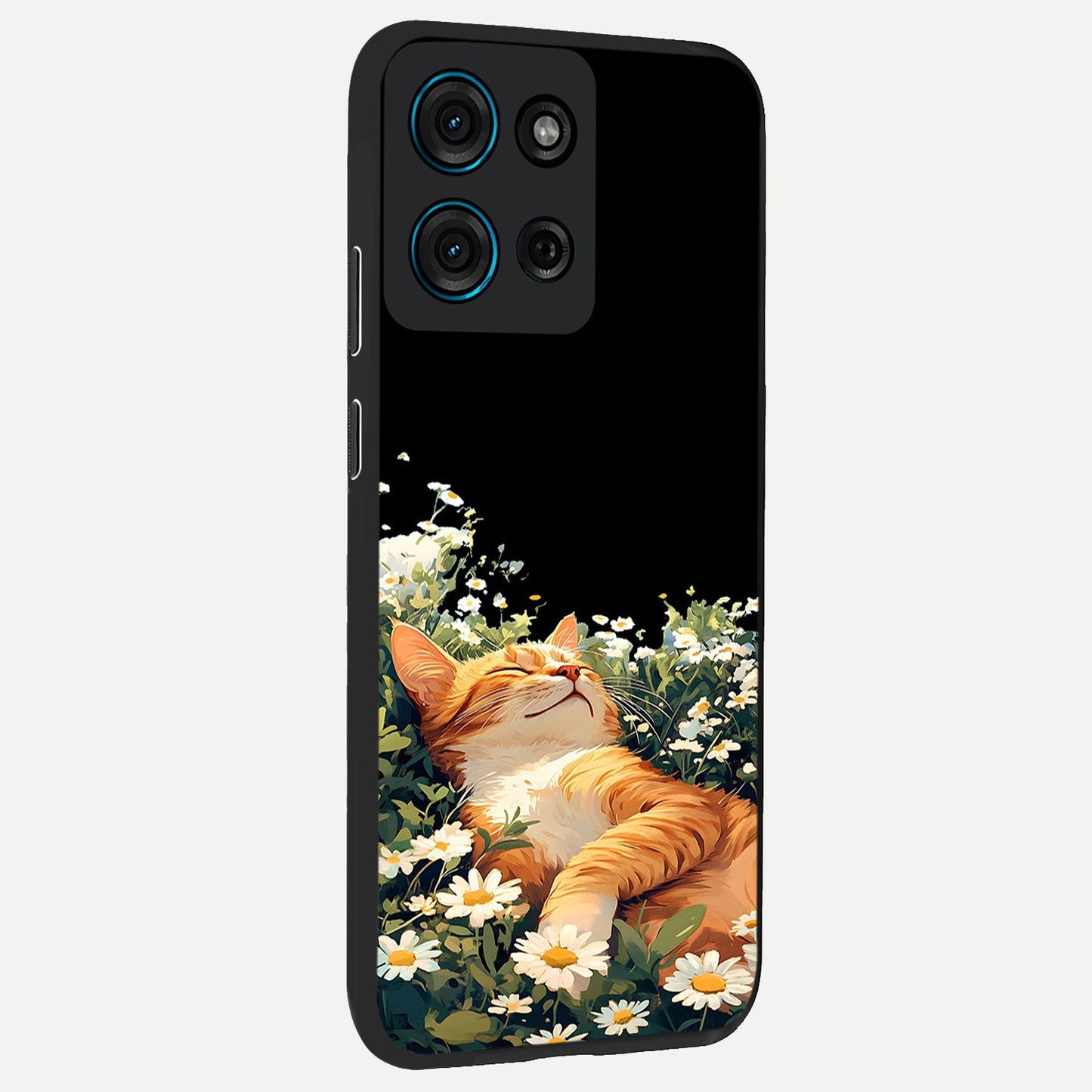Blissful Bloom Cat Glass Case upright view showcasing charming cat design surrounded by blooming floral elements.