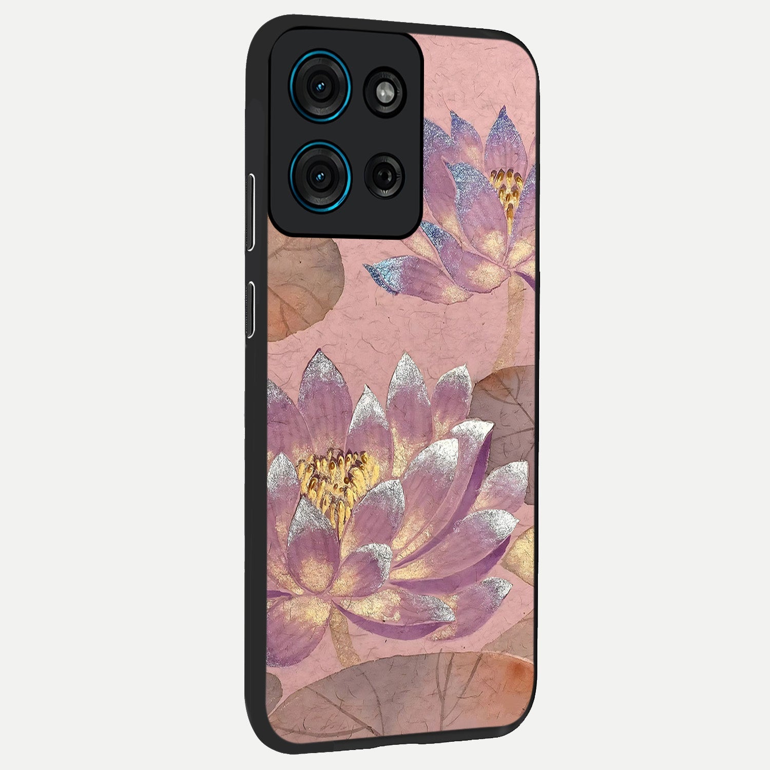 Blossom Mist Lotus Glass Case upright view showcasing graceful lotus flower design with peaceful botanical style.
