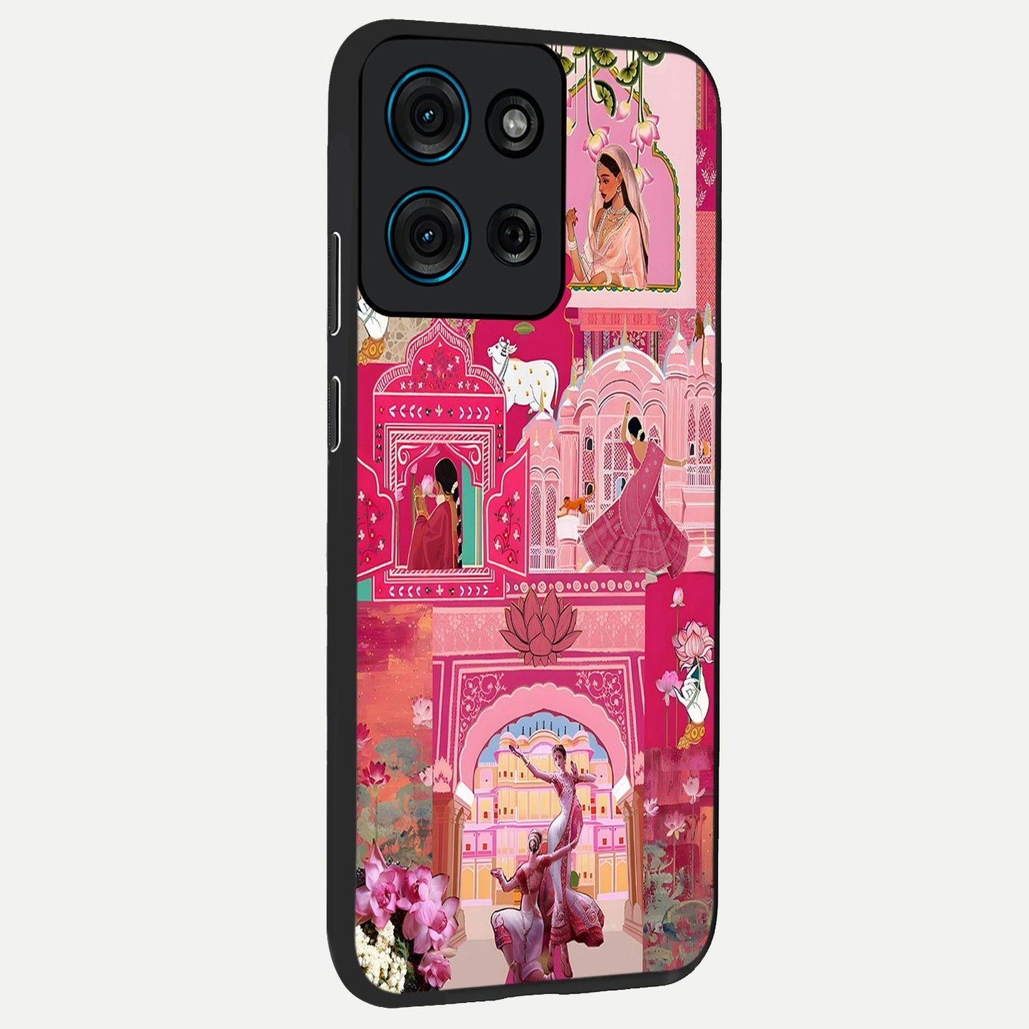 Blossoms of Rajasthan Glass Case upright view showcasing colorful floral design inspired by traditional Indian art.
