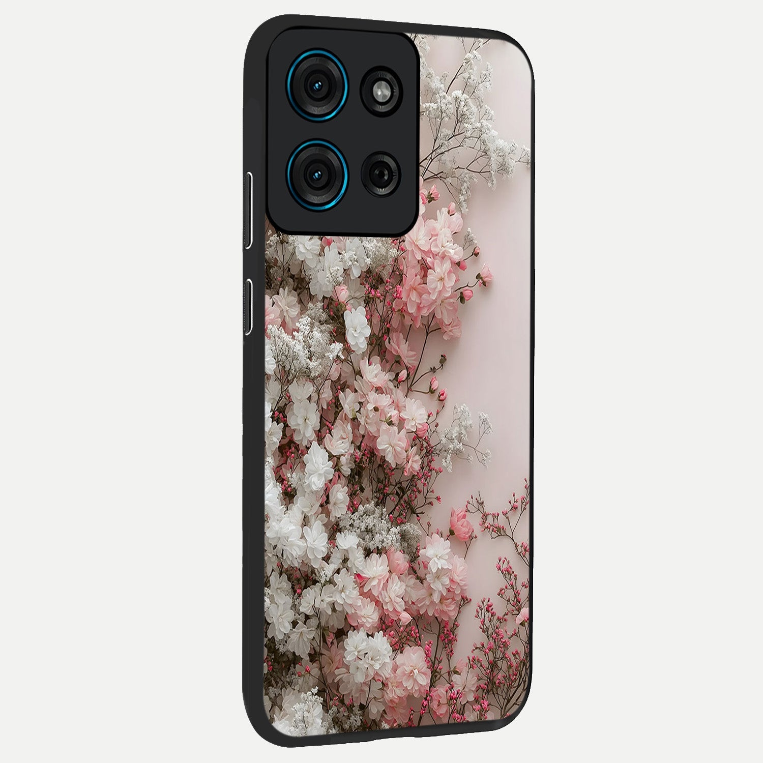 Blush Blossom Cloud Glass Case upright view showcasing calm floral cloud artwork with gentle dreamy theme.