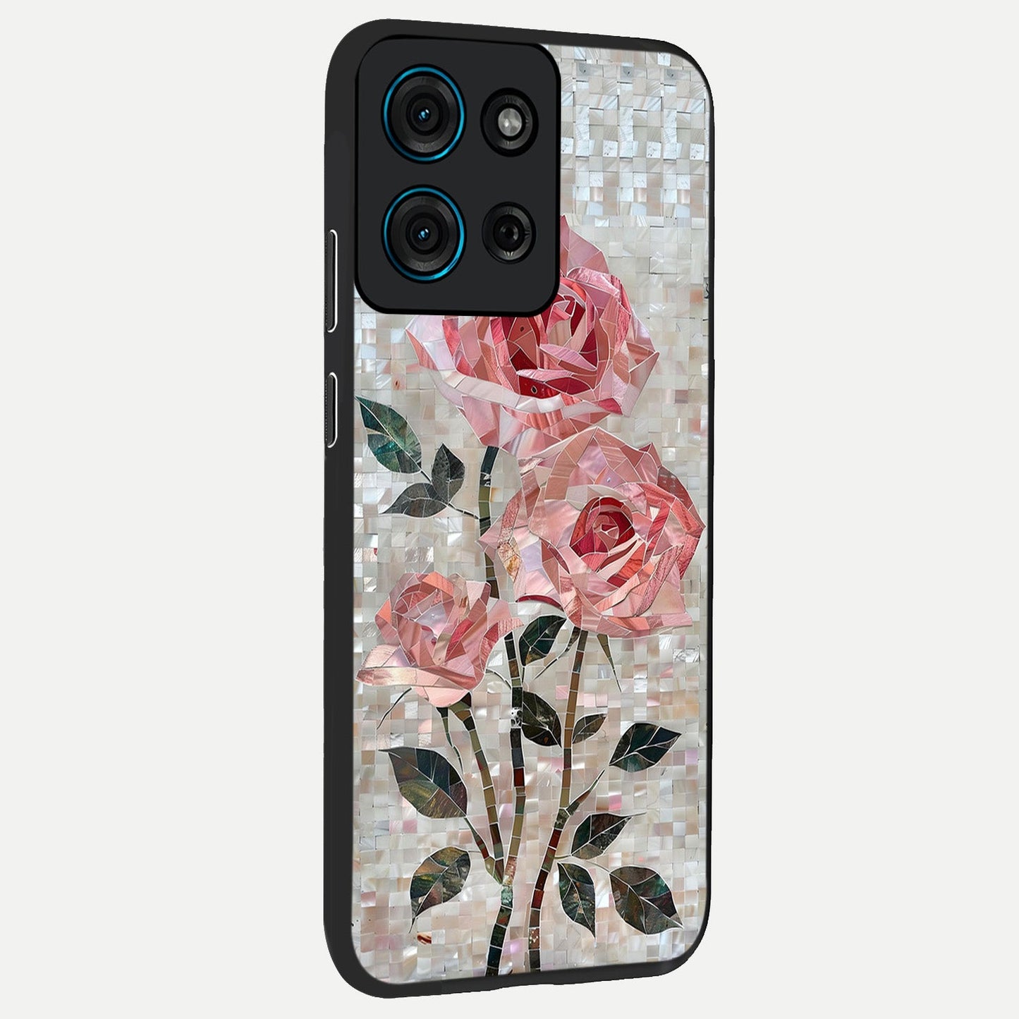 Blush Mosaic Bloom Glass Case upright view showcasing decorative floral mosaic artwork with stylish modern aesthetic.