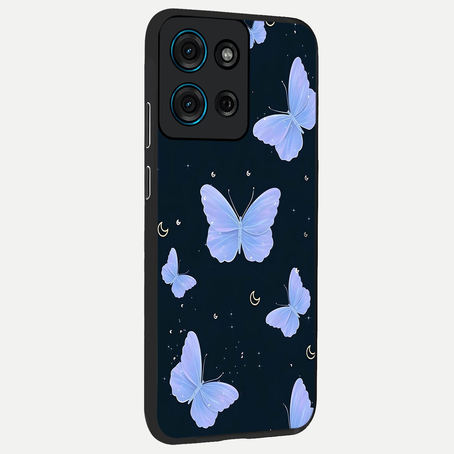 Butterfly With Stars Pattern Glass Case upright view showcasing celestial butterfly artwork with sparkling star elements.