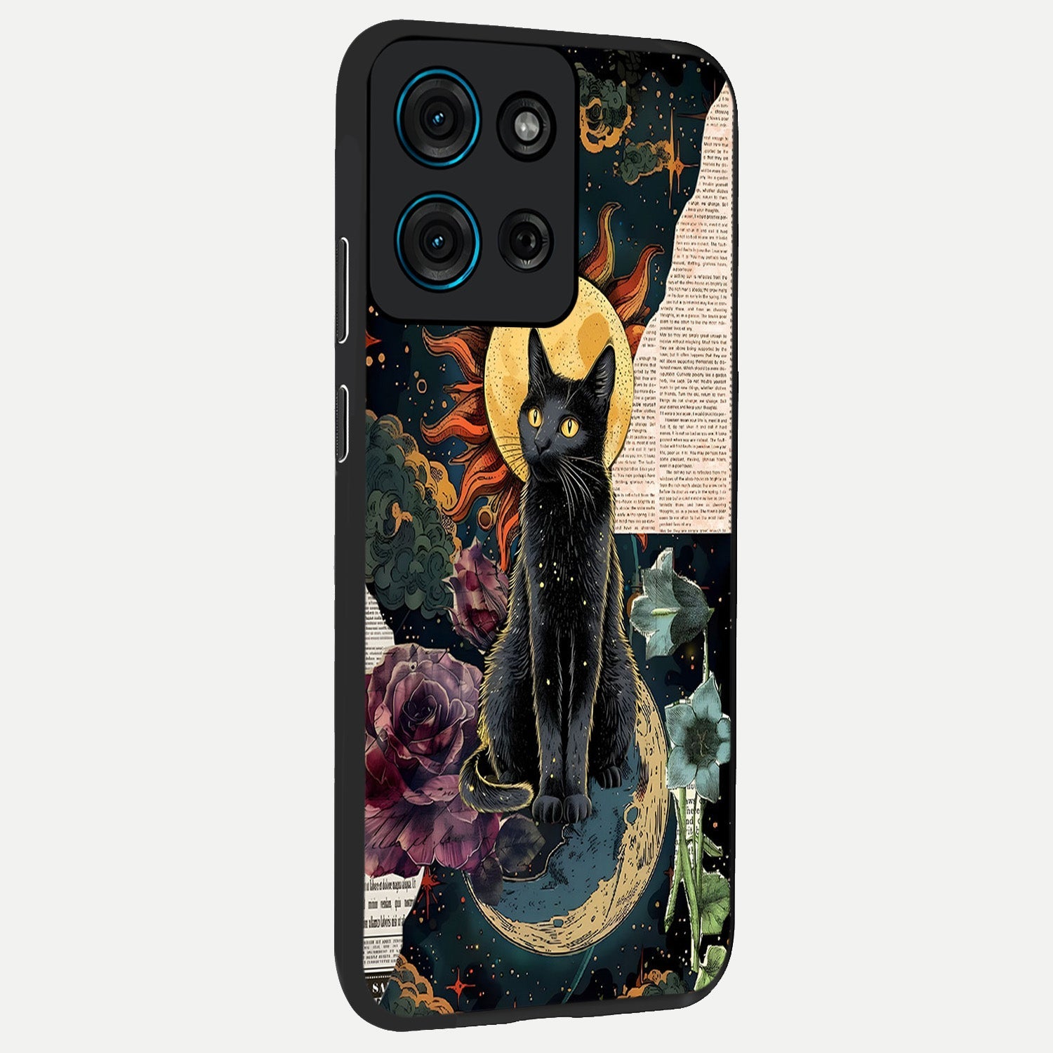 Celestial Black Cat Glass Case upright view showcasing magical black cat illustration with starry cosmic theme.