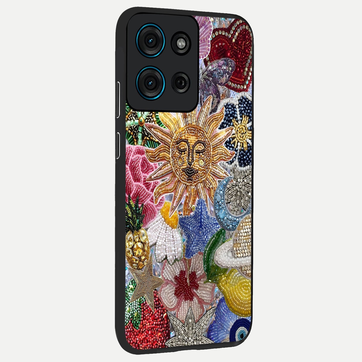 Celestial Floral and Playful Glass Case upright view showcasing whimsical floral artwork with cosmic aesthetic theme.