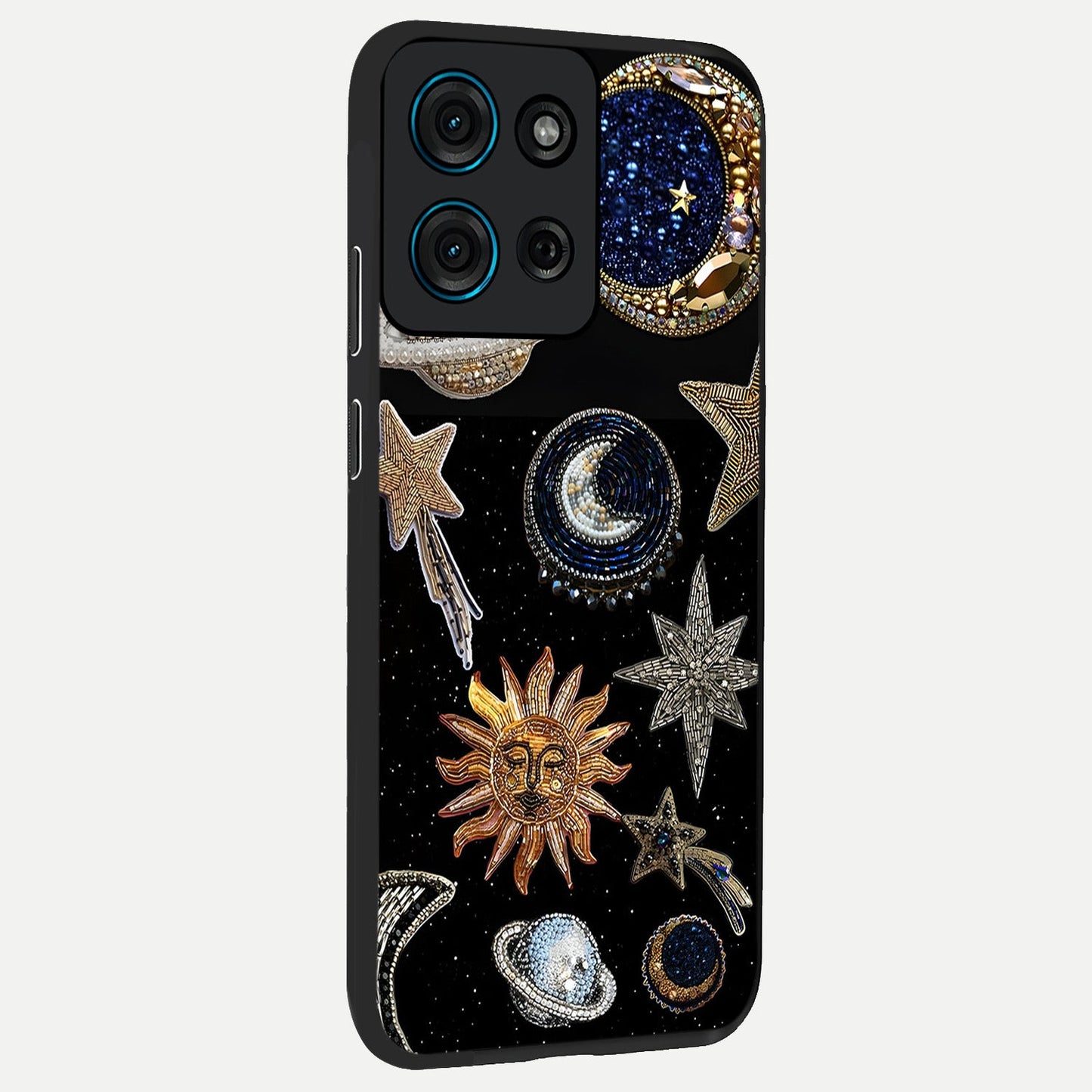 Celestial Gem Constellations Glass Case upright view showcasing cosmic constellation artwork with celestial aesthetic style.
