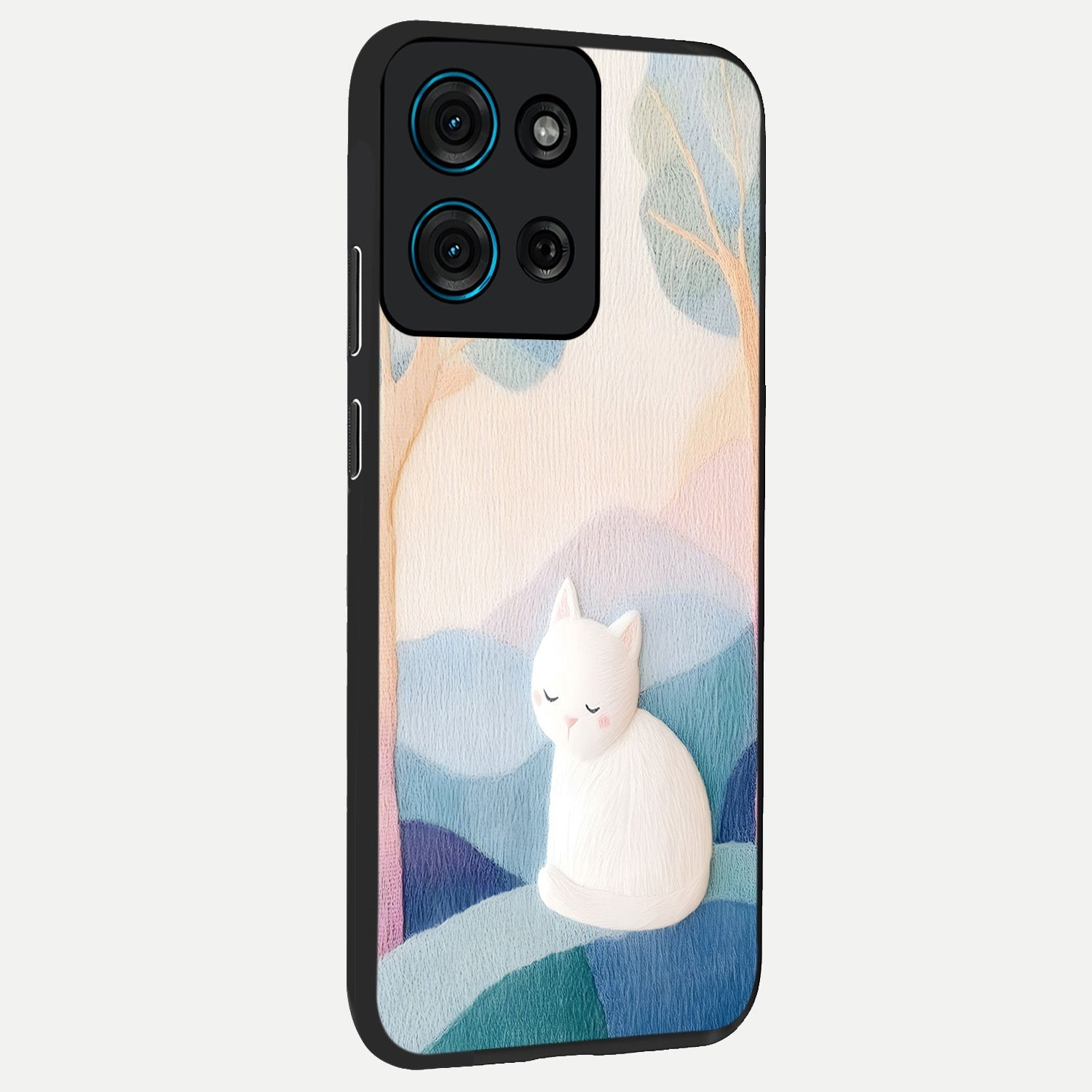 Cotton Dream Cat Glass Case upright view showcasing charming cat artwork with cozy dreamy theme.