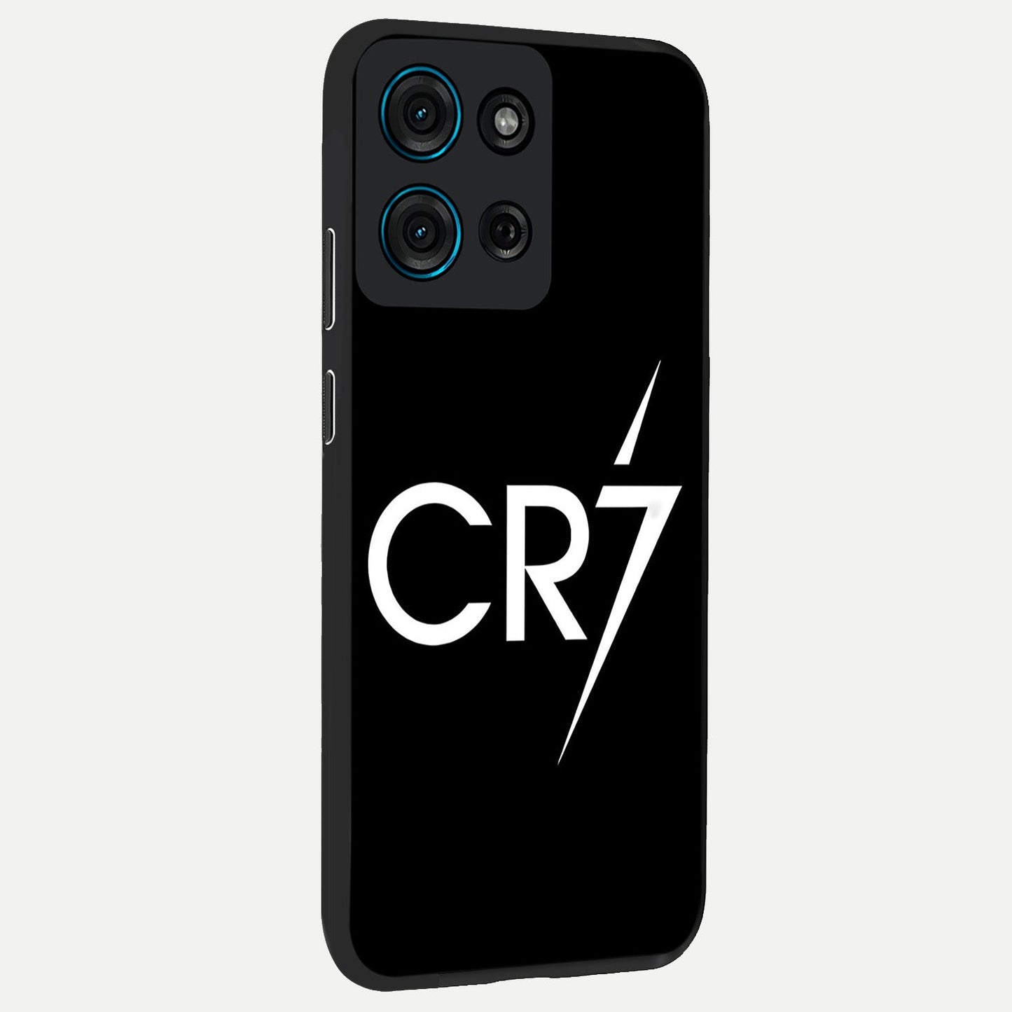 Cr7 Elite Strike Glass Case upright view showcasing energetic football inspired design with modern sports aesthetic.