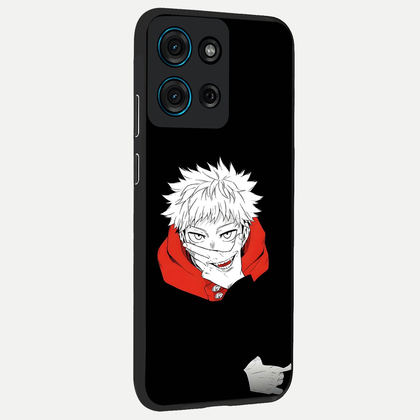 Crimson Chaos Smile Glass Case upright view showcasing expressive chaotic artwork with striking visual theme.