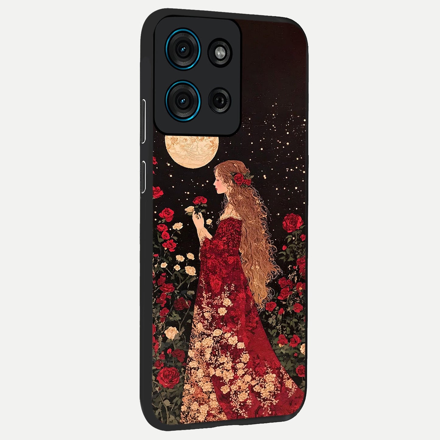 Crimson Dreams Glass Case upright view showcasing dreamy red toned artwork with modern aesthetic style.