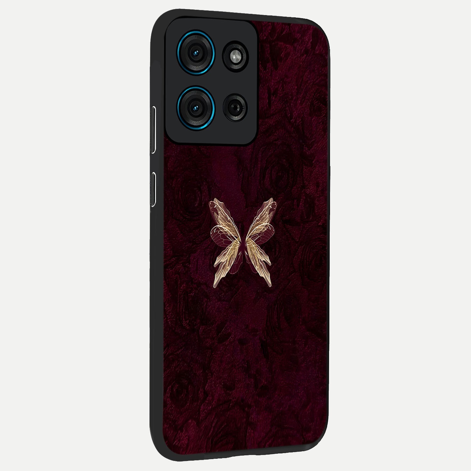 Crimson Fade Butterfly Glass Case upright view showcasing graceful butterfly artwork with soft crimson fade effect.