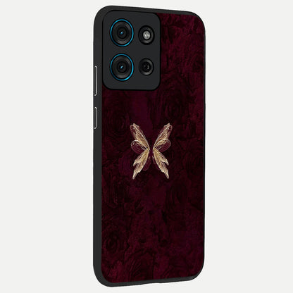 Crimson Fade Butterfly Glass Case upright view showcasing graceful butterfly artwork with soft crimson fade effect.