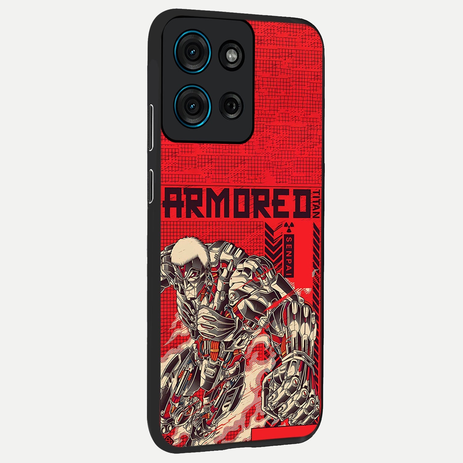 Crimson Mecha Titan Glass Case upright view showcasing dynamic robotic titan design with sci-fi inspired theme.
