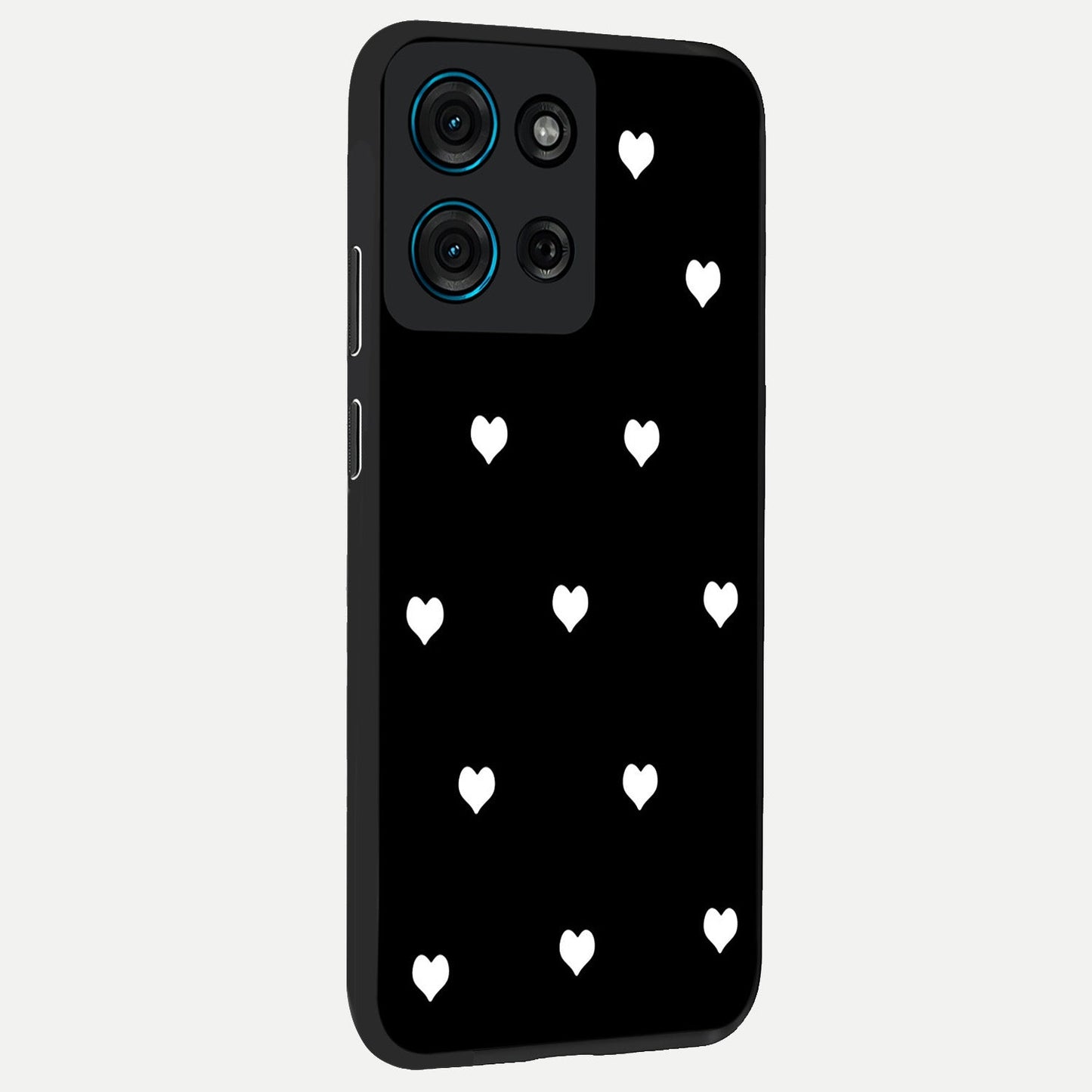 Cute And Simple White Hearts Glass Case upright view showcasing simple white hearts artwork with soft minimal theme.
