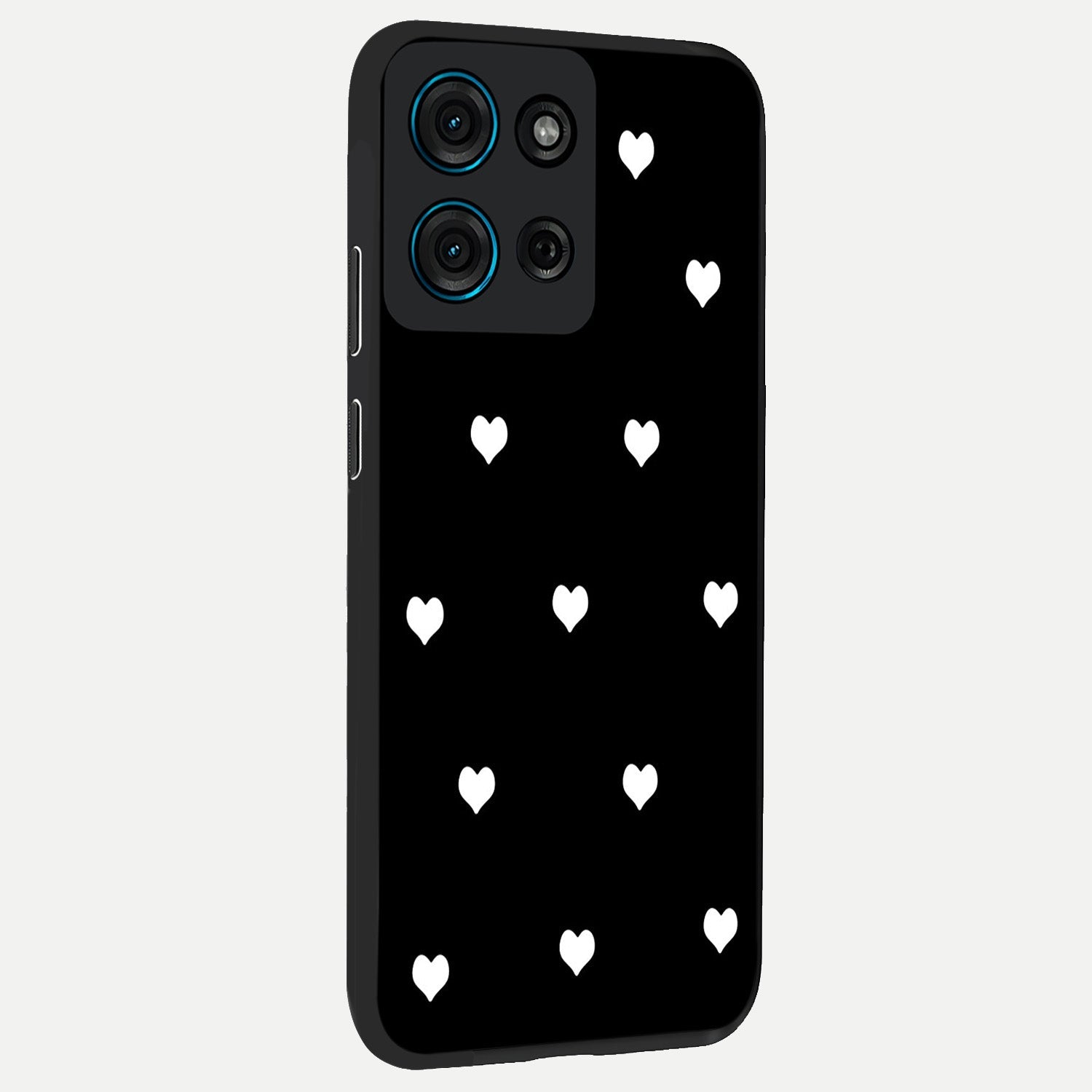 Cute And Simple White Hearts Glass Case upright view showcasing simple white hearts artwork with soft minimal theme.