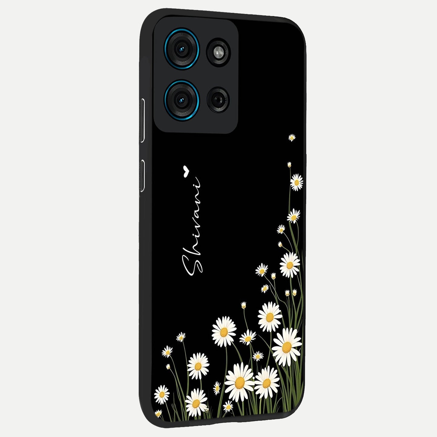 Daisy Cascade Custom Name Glass Case upright view showcasing elegant floral cascade design with personalized aesthetic.