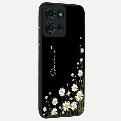 Daisy Cascade Custom Name Glass Case upright view showcasing elegant floral cascade design with personalized aesthetic.