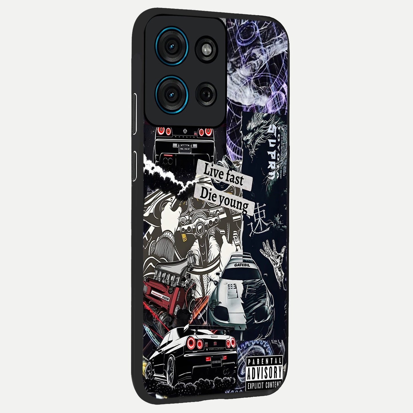 Die Young Glass Case upright view showcasing striking typography artwork with modern statement theme.