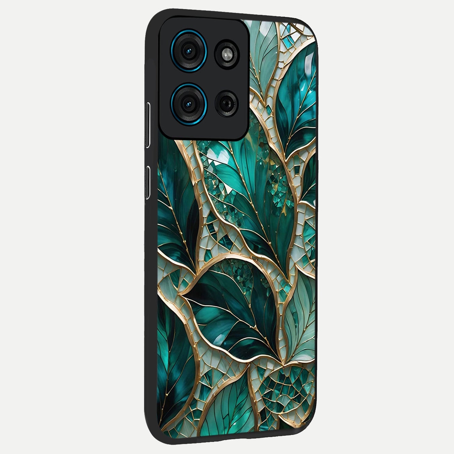 Emerald Leaf Glass Glass Case upright view showcasing fresh green leaf artwork with calming nature inspired style.