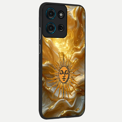 Eternal Golden Glow Glass Case upright view showcasing luminous golden artwork with luxurious visual theme.