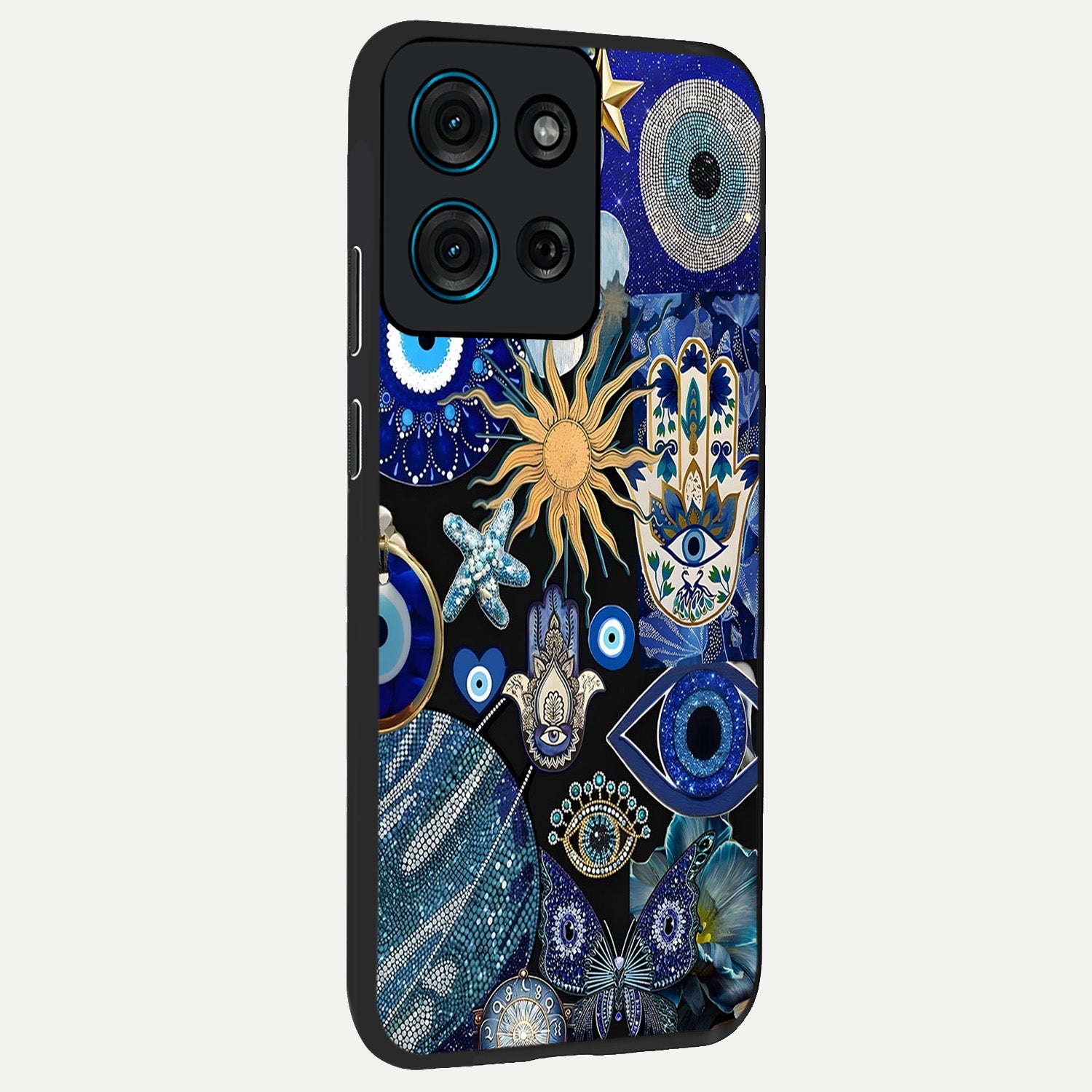 Evil Eye Charm Mix Glass Case upright view showcasing mystical evil eye pattern with vibrant decorative style.