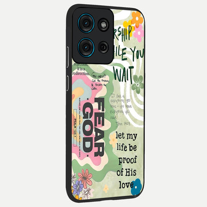 Faith Over Fear Glass Case upright view showcasing bold typography artwork with uplifting motivational theme.