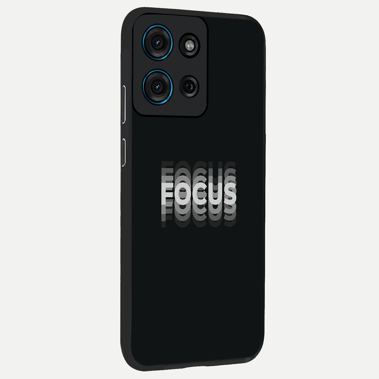 Focus Mode On Glass Case upright view showcasing strong typography statement with sleek motivational theme.