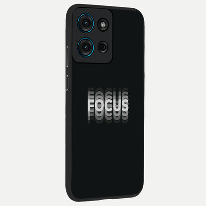 Focus Mode On Glass Case upright view showcasing strong typography statement with sleek motivational theme.