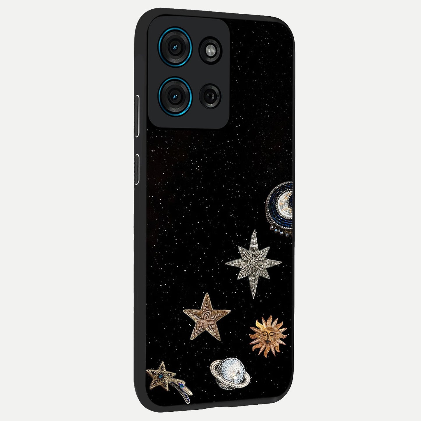 Galactic Charm Glow Glass Case upright view showcasing glowing cosmic charm artwork with magical celestial style.