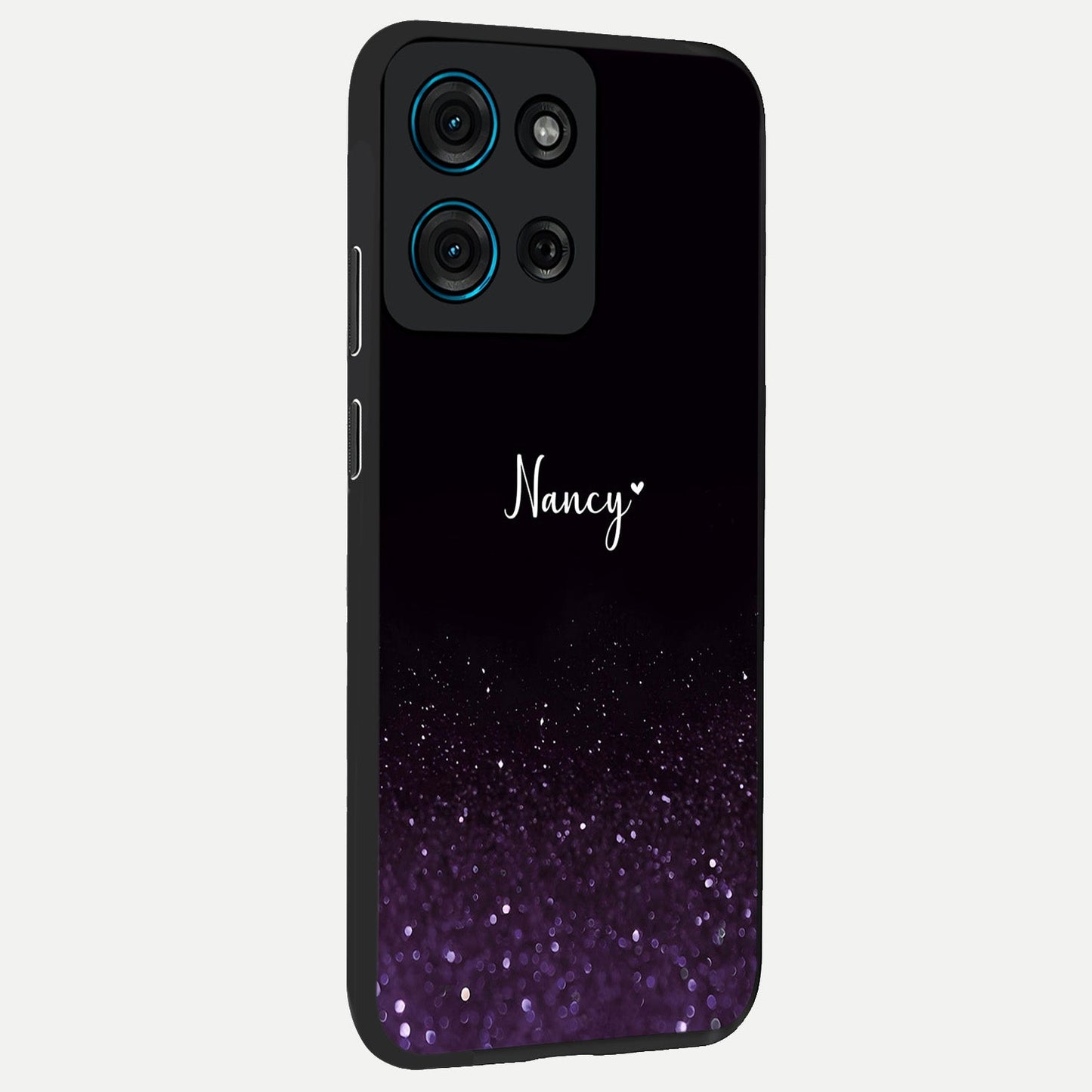 Glittery Purple Bokeh Custom Name Glass Case upright view showcasing vibrant purple sparkle artwork with personalized aesthetic style.