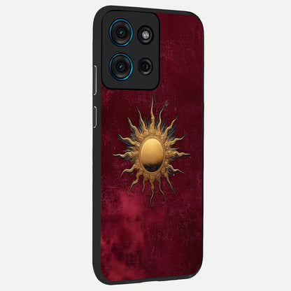 Golden Sun Minimalism Glass Case upright view showcasing simple golden sun artwork with elegant minimalist style.