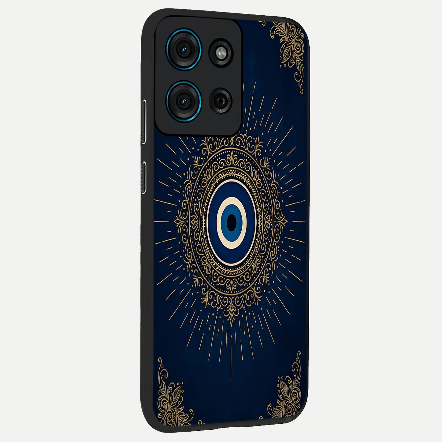 Golden Celestial Charm Glass Case upright view showcasing radiant celestial artwork with elegant golden theme.