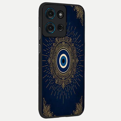 Golden Celestial Charm Glass Case upright view showcasing radiant celestial artwork with elegant golden theme.