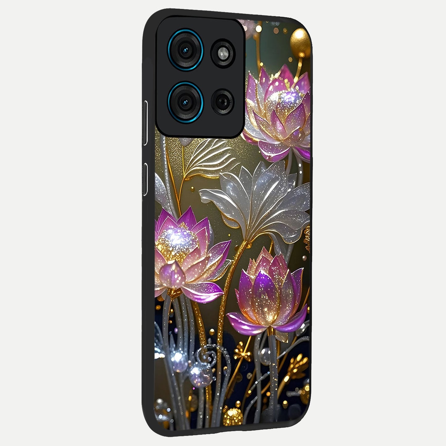 Golden Floral Majesty Glass Case upright view showcasing majestic floral artwork with rich decorative theme.