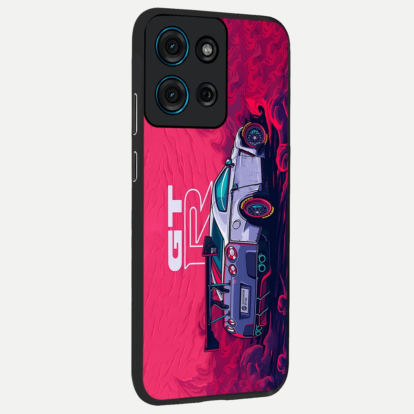 GT-R Car Pattern Glass Case upright view showcasing dynamic car pattern artwork with modern sports theme.