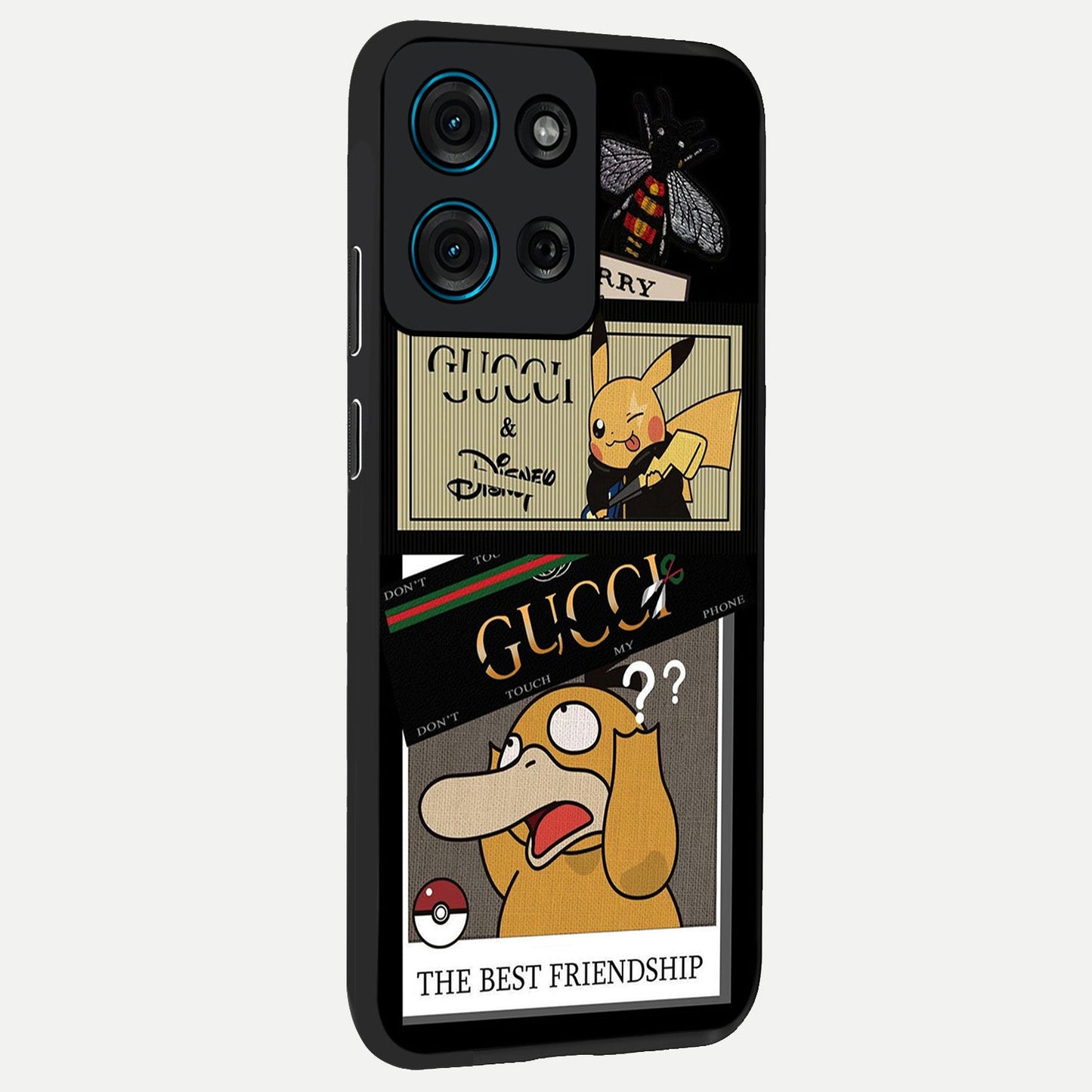 Gucci Play Mashup Glass Case upright view showcasing trendy luxury inspired artwork with modern fashion theme.