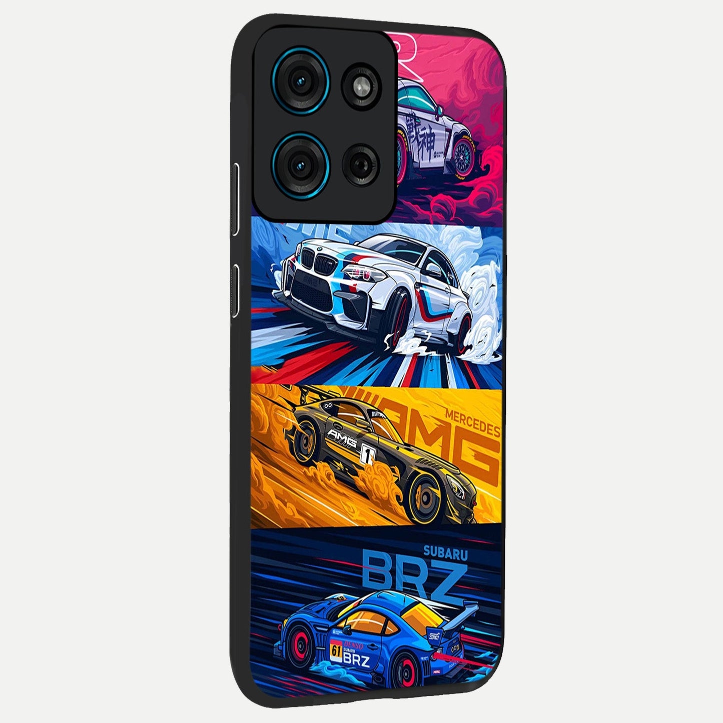 JDM Sports Car Glass Case upright view showcasing dynamic sports car artwork with bold racing theme.
