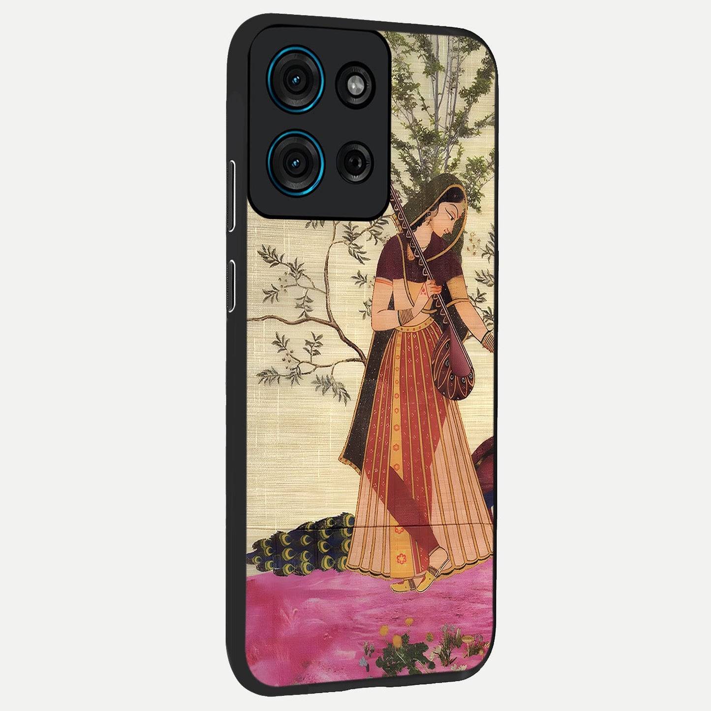 Lady With Veena Art Glass Case upright view showcasing classical veena artwork with traditional artistic theme.