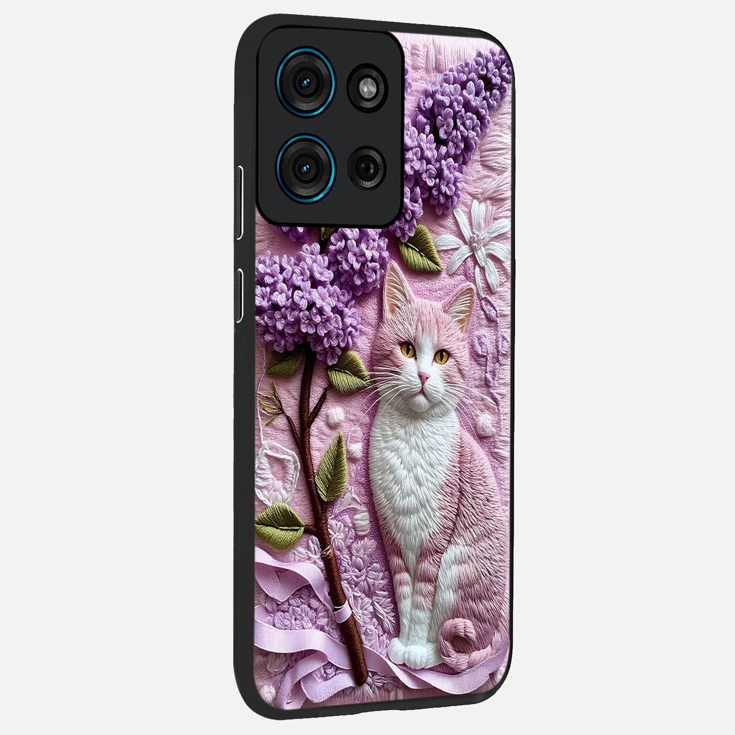 Lavender Cat Whimsy Glass Case upright view showcasing charming cat artwork with whimsical lavender theme.