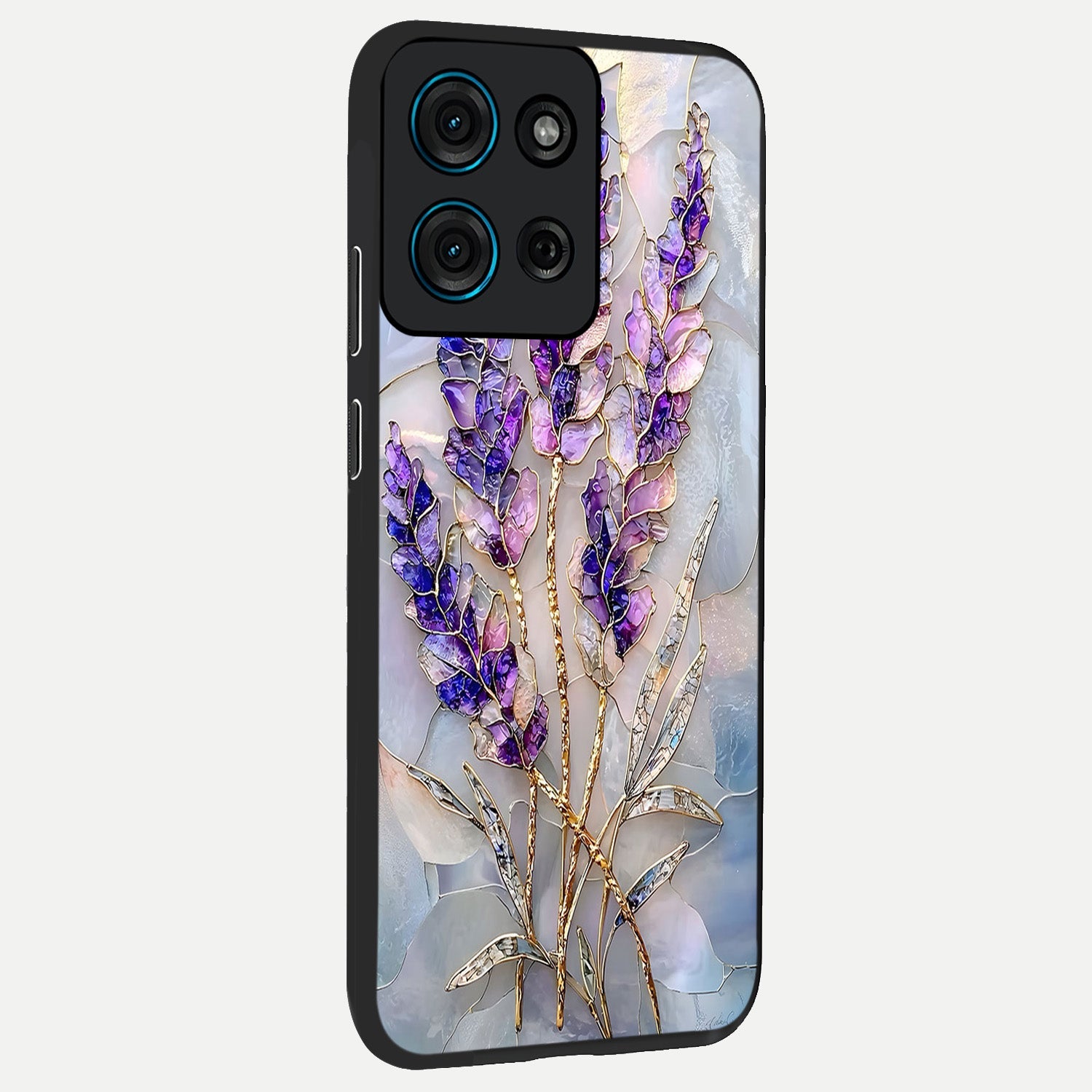 Lavender Dream Glow Glass Case upright view showcasing radiant lavender glow artwork with calming dreamy theme.