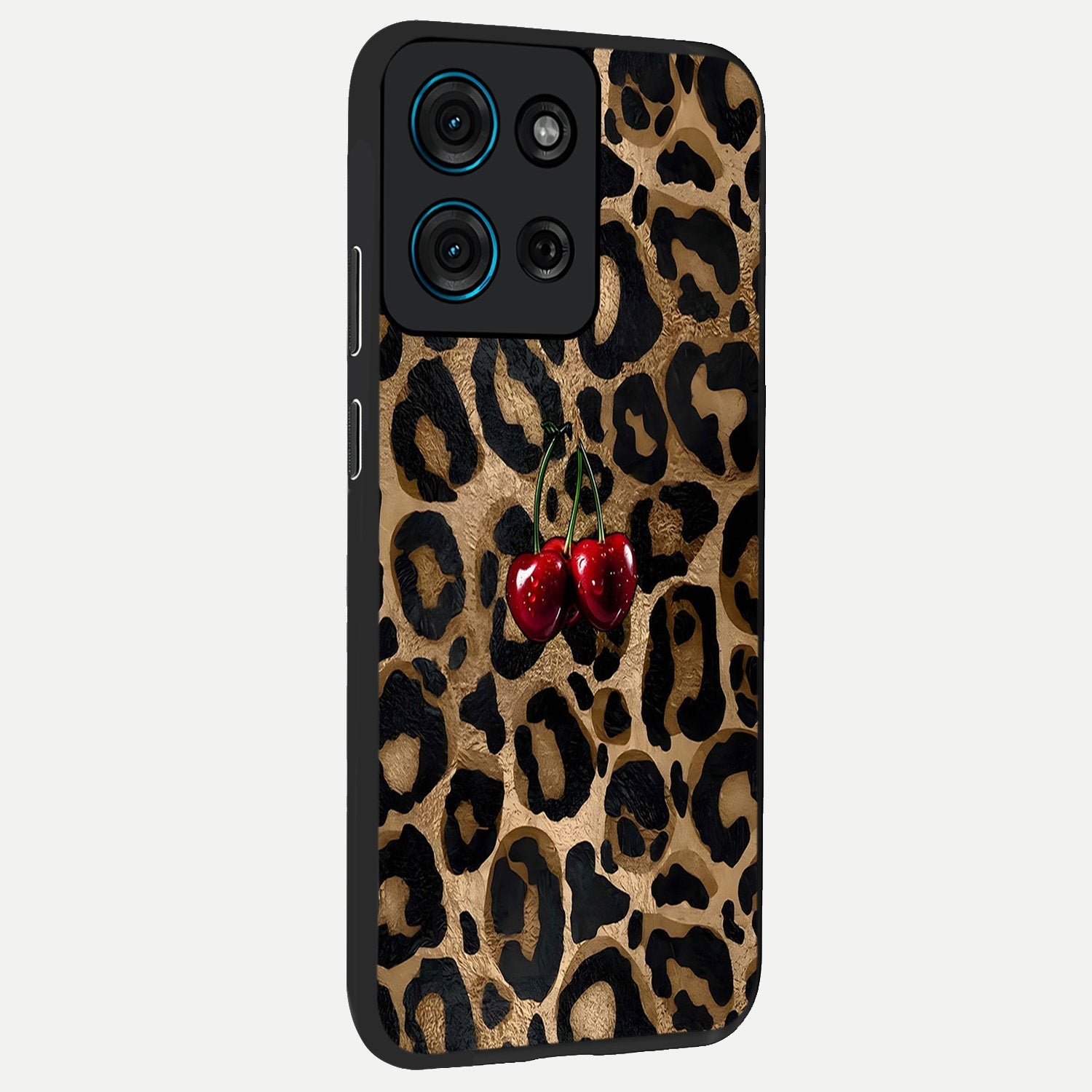 Leopard Wild Cherry Glass Case upright view showcasing stylish leopard pattern artwork with trendy fashion theme.