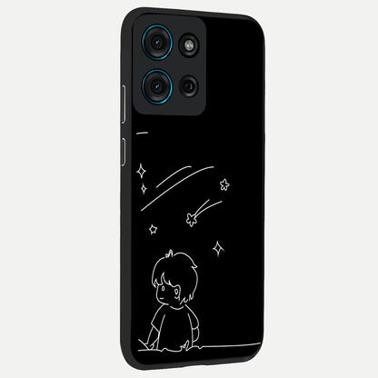 Line Art Boy With Shooting Stars Glass Case upright view showcasing artistic shooting star illustration with minimal style.