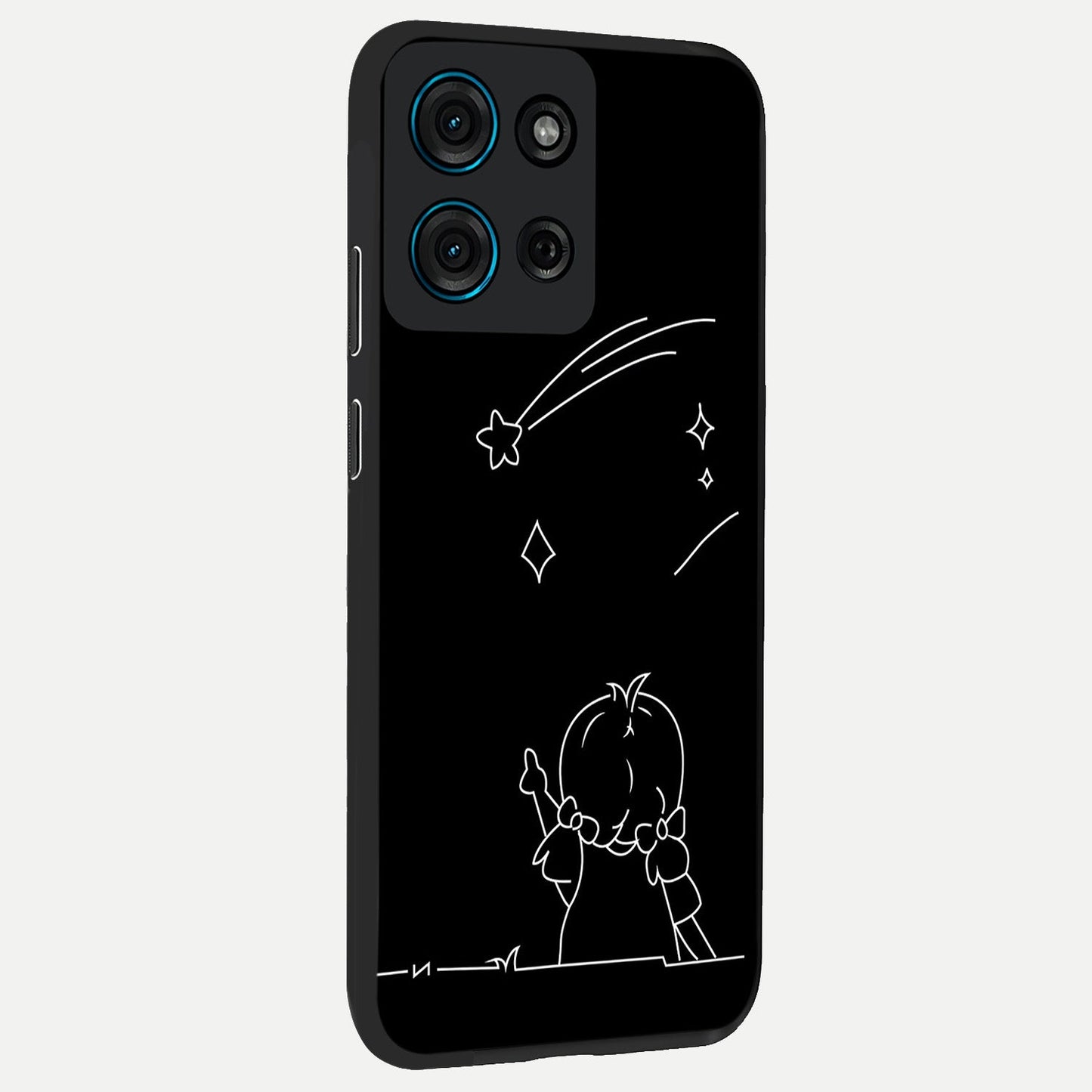 Line Art Girl With Shooting Stars Glass Case upright view showcasing delicate shooting stars artwork with minimal artistic theme.