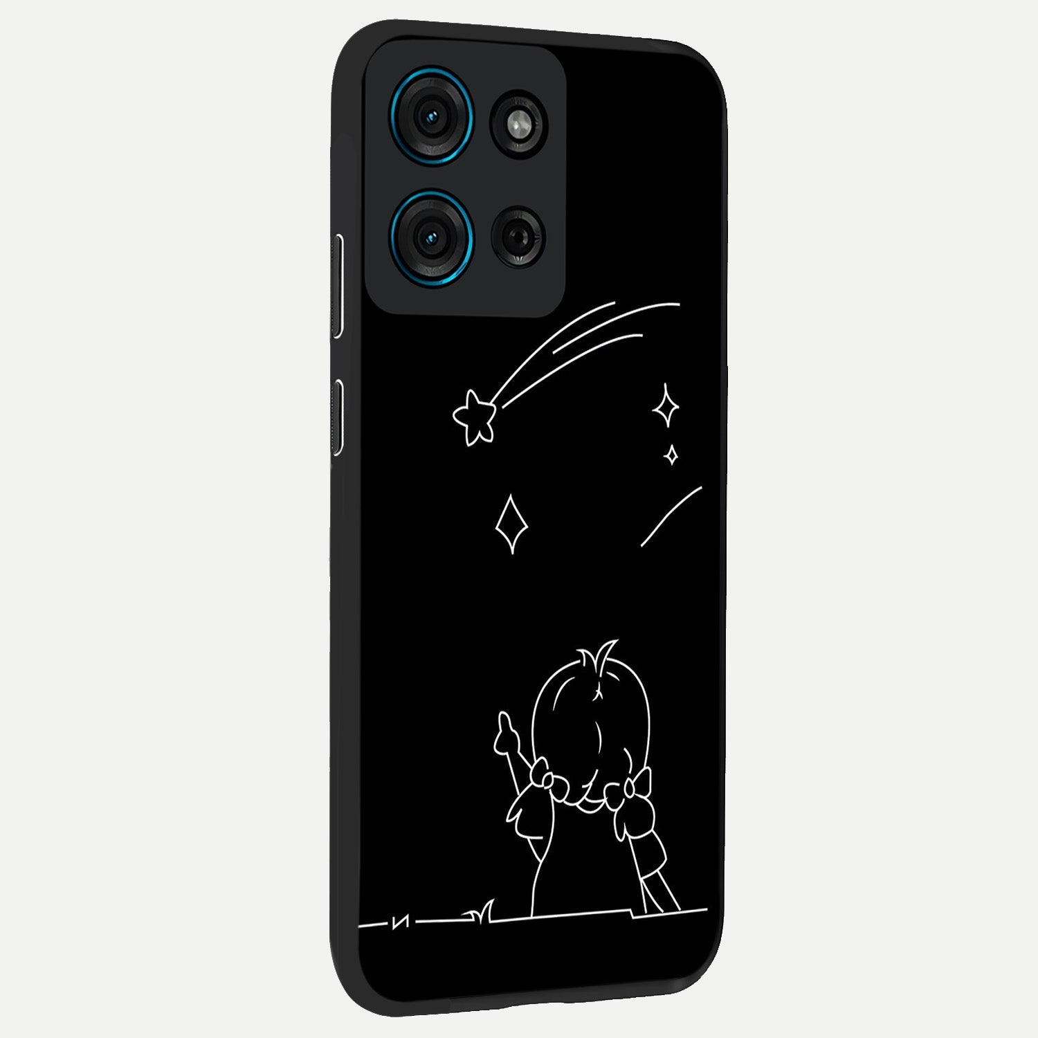 Line Art Girl With Shooting Stars Glass Case upright view showcasing delicate shooting stars artwork with minimal artistic theme.
