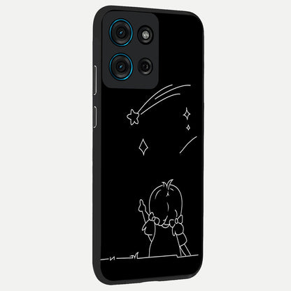Line Art Girl With Shooting Stars Glass Case upright view showcasing delicate shooting stars artwork with minimal artistic theme.