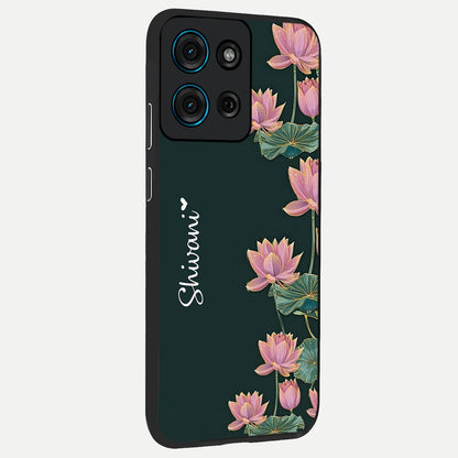 Lotus Bloom Serenity Custom Name Glass Case upright view showcasing serene lotus bloom artwork with personalized floral aesthetic.